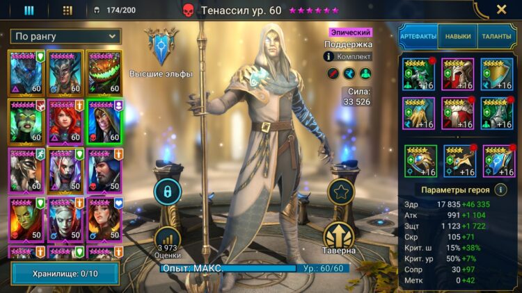 Тенассил, экипировка и параметры