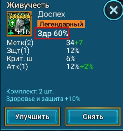 Доспех – Атака %, Защита %, Здоровье %, Меткость, Сопротивление