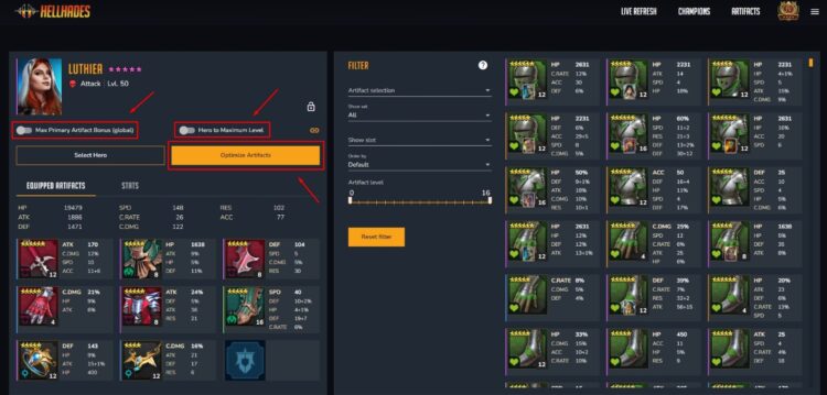 Раздел снаряжения героев