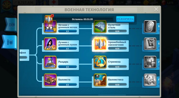 военная ветка технологий в академии