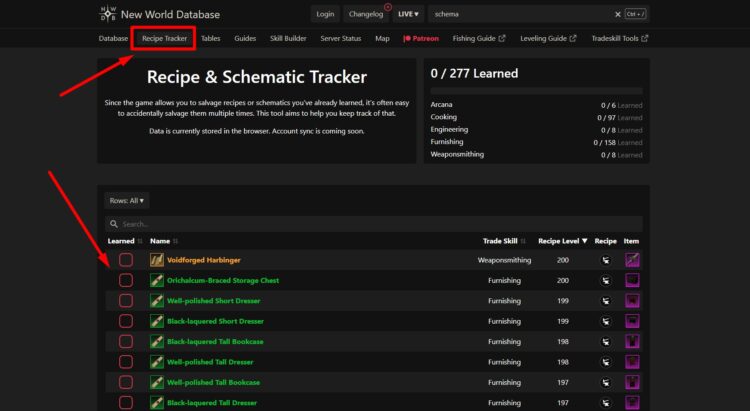 Recipe & Schematic Tracker